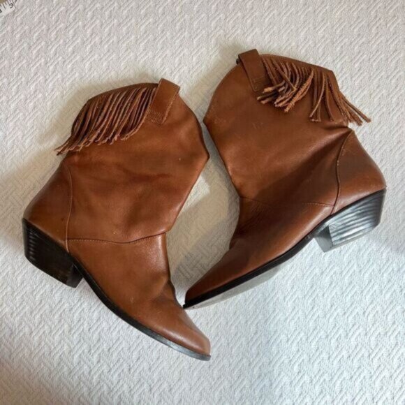 Vintage Unique Brown Tan Cowboy Boots Western Rodeo Tassels Cowgirl Leather 7.5 - Picture 3 of 11